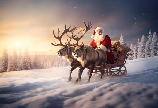 Weihnachtsmann auf Rentierschlitten in winterlicher Landschaft erstellt mit generativer KI