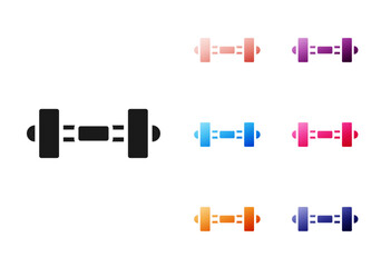 Obraz premium Black Dumbbell icon isolated on white background. Muscle lifting icon, fitness barbell, gym, sports equipment, exercise bumbbell. Set icons colorful. Vector