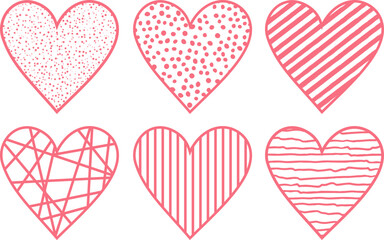 Set of pink heart shapes with pattern filling on white background