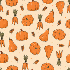 Harvest seamless pattern with doodles of carrot and pumpkins. Thanksgiving wrapping paper, scrapbooking, textile print, wallpaper, packaging, etc. EPS 10