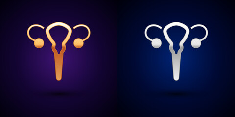 Gold and silver Female reproductive system icon isolated on black background. Anatomy. Gynecology. Woman health. Vector