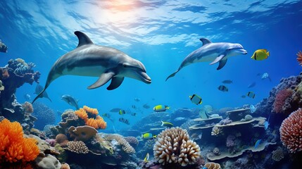  a couple of dolphins swimming over a coral reef with fish.  generative ai