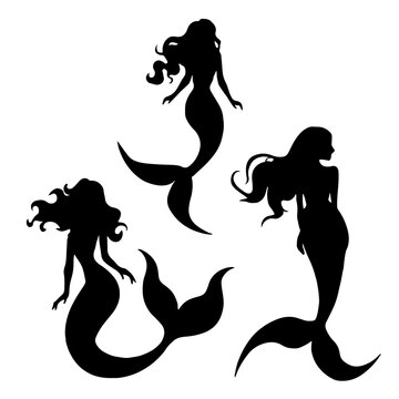 Vector illustration. Silhouette of a woman with a fish tail. Mermaid underwater. Set of people.