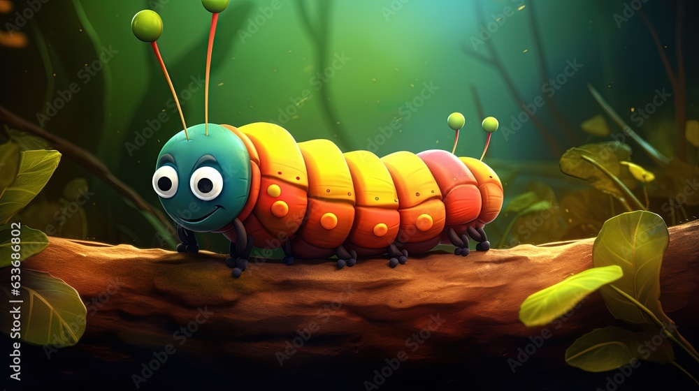 Poster a very cute colorful bug on a branch in the woods. generative ai