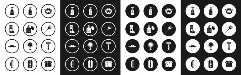 Set Mustache and beard, Aftershave, Shaving gel foam, Cream or lotion cosmetic tube, Hairbrush, razor and icon. Vector