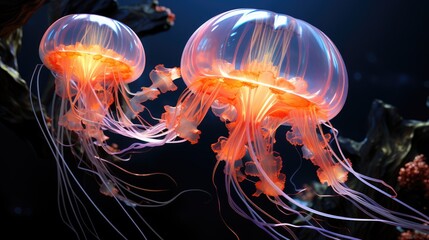 Realistic illustration of a jellyfish underwater closeup. Beautiful poisonous jellyfish underwater. Sea life. Large jellyfish glow in the dark. Jellyfish 3d wallpaper print. Generative ai.