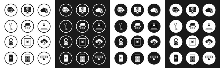 Set Cloud computing lock, Paper shredder confidential, Key, Globe key, Laptop and, Computer monitor shield, and Safe combination wheel icon. Vector