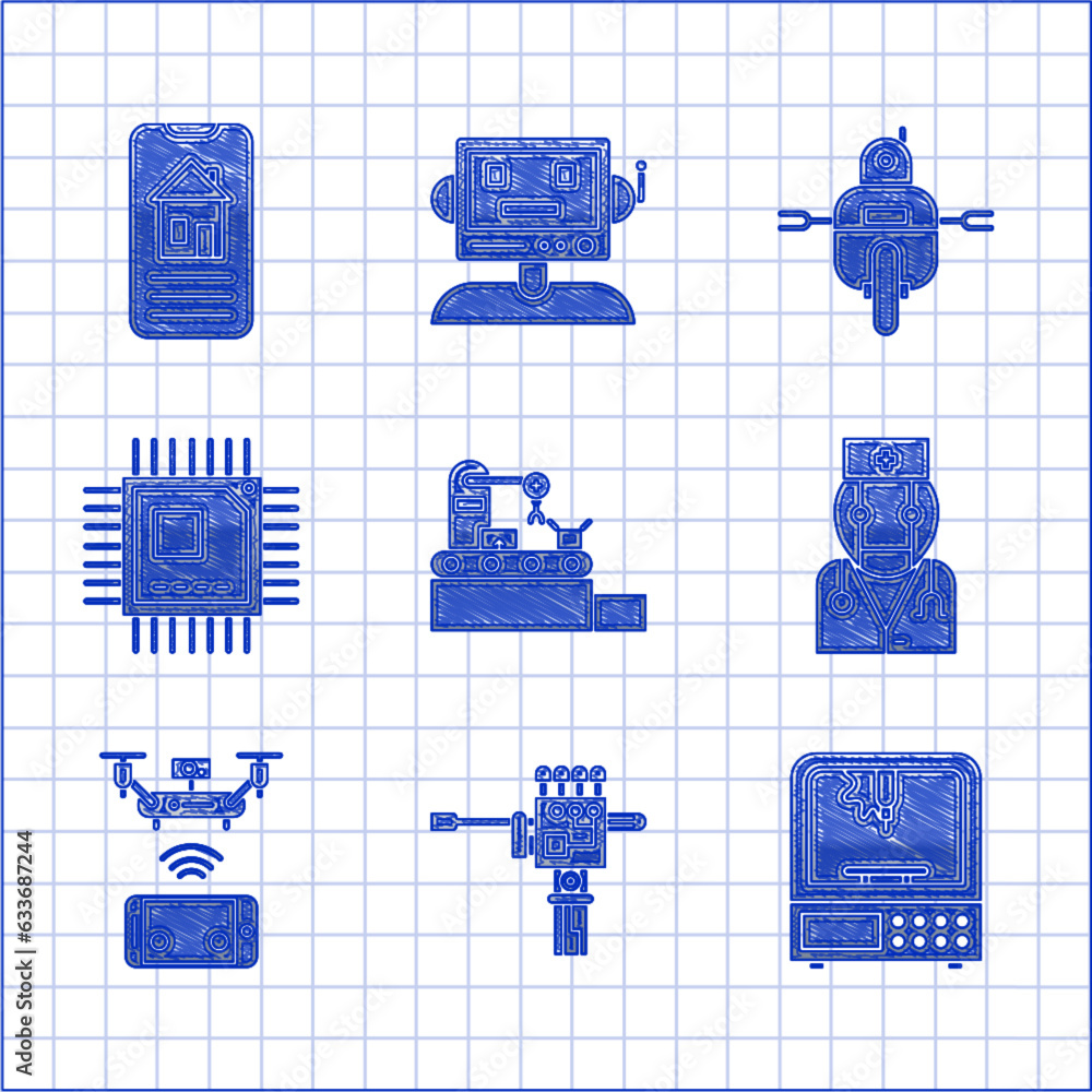 Poster set factory conveyor system belt, mechanical robot hand and screwdriver, 3d printer, robot doctor, r