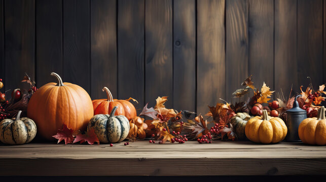 Copy space background with pumpkins and autumn leaves. Generative AI