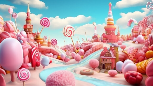 landscape made out of candy canes and other sweets 3d cartoon style made with generative AI
