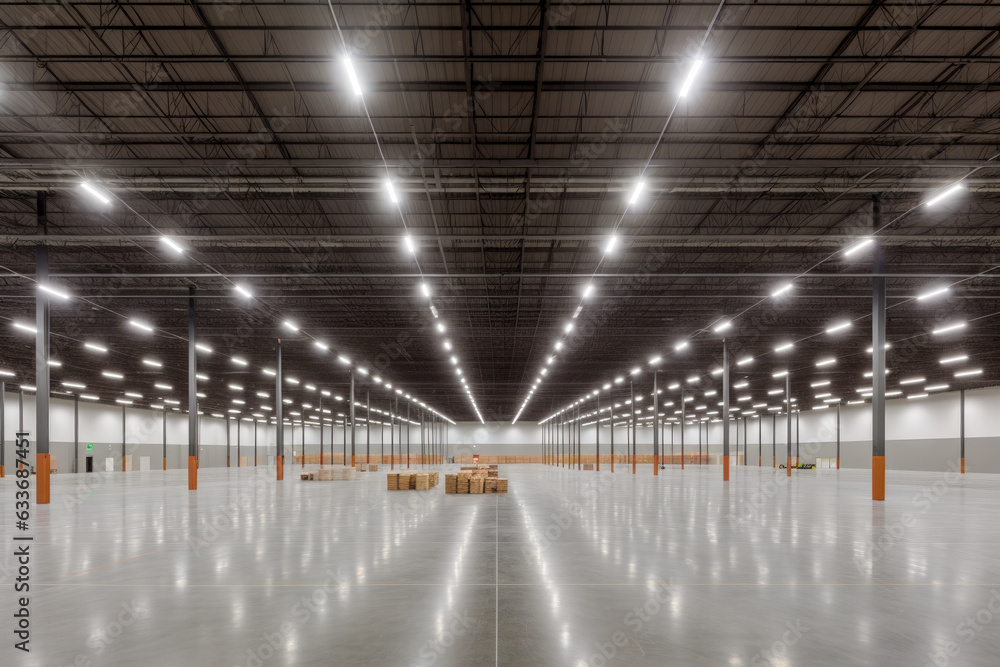 Poster a panoramic shot of an empty warehouse with high ceiling - generative ai