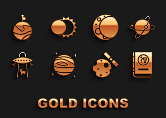 Set Planet Venus, Satellites orbiting the planet Earth, Book by astronomy, UFO abducts cow, Moon, with flag and Eclipse of sun icon. Vector
