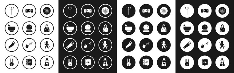 Set Spider web, Magic ball, mortar and pestle, Neptune Trident, Mantle, cloak, cape, Playing cards, Voodoo doll and Hand saw icon. Vector