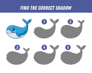  Find correct shadow of cute whale. Educational logical game for kids. Cartoon whale. Vector illustration