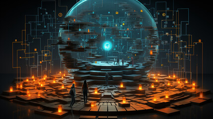 Radiant path through a digital labyrinth, showcasing blockchain's intricate nature and the route to success, generative AI.