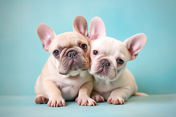 Two cute french bulldogs, posing together. Pets, friendship, love concept. AI generative, illustration