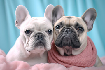 Two cute french bulldogs, posing together. Pets, friendship, love concept. AI generative, illustration