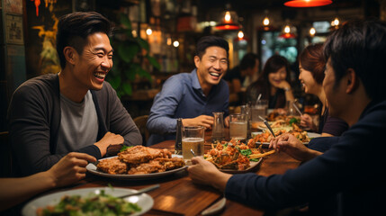 Obraz na płótnie Canvas Group of asian people take dinner. Generative Ai