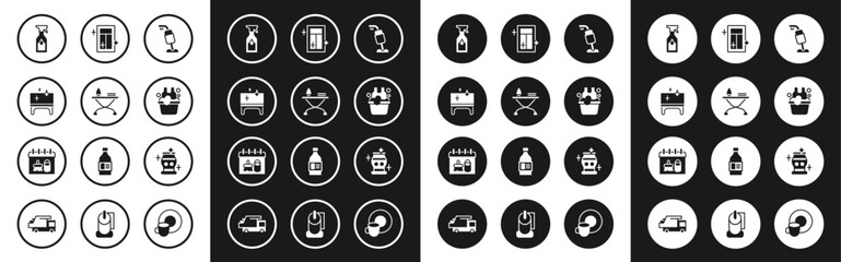 Set Vacuum cleaner, Iron and ironing board, Clean table, Cleaning spray bottle, Basin with soap suds, service for window, vase and calendar icon. Vector
