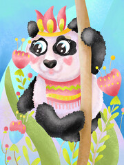 color illustration cartoon style childish cute animals pastel shades smile panda in forest plants design element for postcard cover print