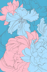 color illustration stylish flat flowers background peonies gentle shades pink blue plants design element for postcard cover invitation banner print