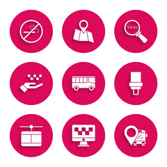 Set Bus, Computer call taxi service, Location with bus, Safety belt, Cable car, Hand, Magnifying glass and No Smoking icon. Vector