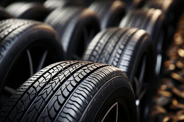 Rubber gallery Close up of bulk car tires in shop, highlighting options Generative AI