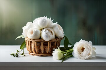 peonies in whicker basket generated by AI tool                               
