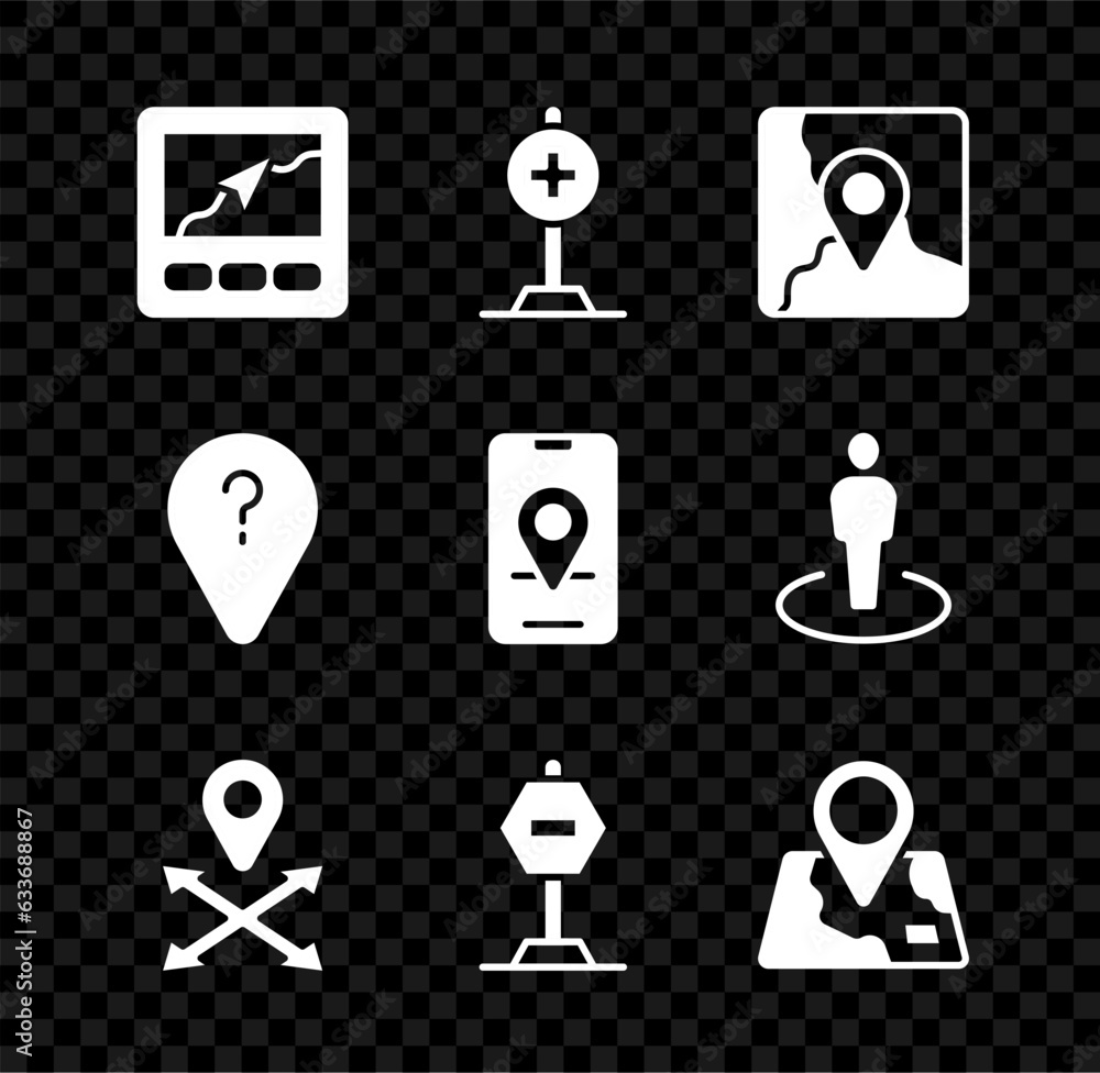 Poster set gps device with map, location cross hospital, folded location marker, stop sign, unknown route p