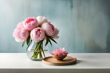 pink flowers in vase on table generated by AI tool                               

