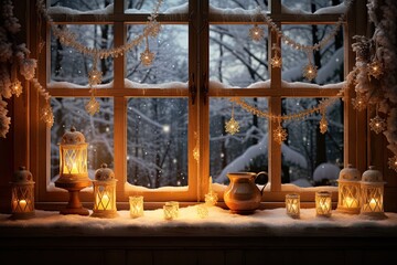  window sill Christmas decorated with strings of twinkling lights and hanging snowflake ornaments