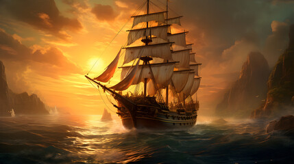 Obraz premium Ship sailing on the sea at the dusk 