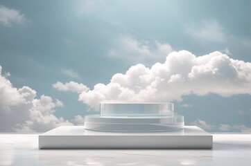 3D rendering of display white color podium for branding and product presentation on pedestal display clouds background.
