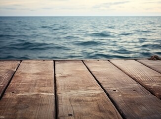 wooden deck waterfront sea shoreline background texture and water surface with small waves with horizon line, wallpaper pattern, copy space Created with Generative AI technology. - Powered by Adobe