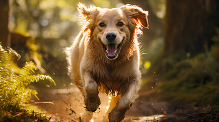 Energetic Golden Retriever Dog: Captured in Fast Run Through Forest