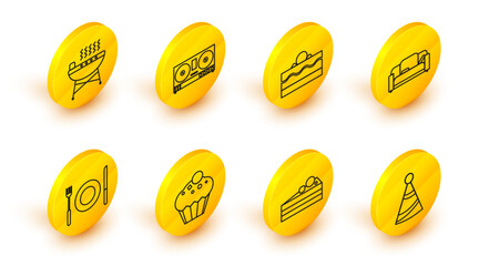 Set line Party hat, Cake, Muffin, Plate, fork and knife, Sofa, DJ remote playing mixing music and Barbecue grill icon. Vector