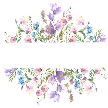 Watercolor frame with Herbs and wild flowers, leaves, butterflies. Botanical Illustration on white background. Template with place for text.