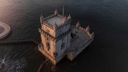 Wonderful aerial view of the famous Belem Tower, Lisbon, Portugal