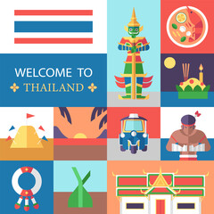 Fototapeta premium Flat style travel Thai elements cartoon illustration