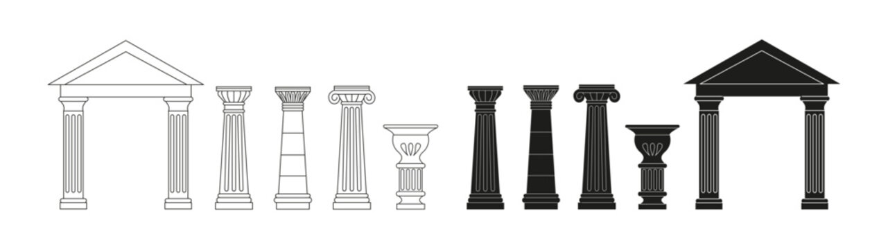 Ancient Greek and Roman column.  Architectural order, pillar. Antique construction. Renaissance. Hand drawn line art.