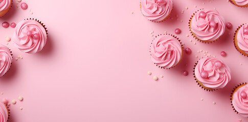 Top view of cupcakes with pink buttercream frosting on pink background with copy space, ai generated