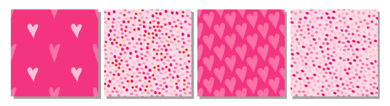 Set of trendy abstract pink patterns. Pink dreams. Hearts. Girly doll mood. Valentine's day. Seamless repeatable background, digital paper, banner.
