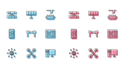 Set line Social network, Drone flying, Motion sensor, Computer monitor, Air headphones, Server, Data, Web Hosting, Smartphone, mobile and Solar energy panel icon. Vector