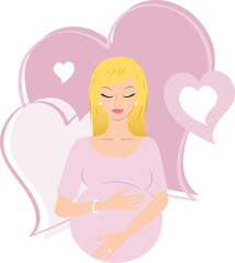 Pretty young blond pregnant girl on hearted background