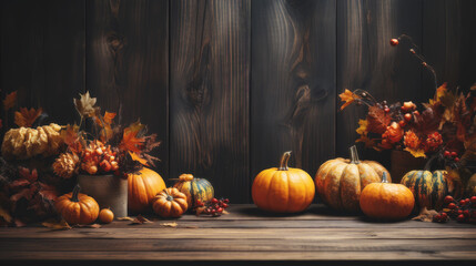 Thanksgiving background with pumpkins and autumn leaves. Generative AI - obrazy, fototapety, plakaty