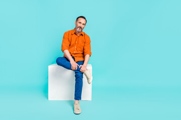 Full body length photo of candid professional expert representative director sit white box...