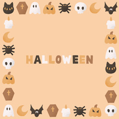 Halloween square frame. Cute vector border with pumpkin, black cat, skull, ghost, coffin, bat, moon, spider and candle. Autumn composition for greeting cards, banners or posters.