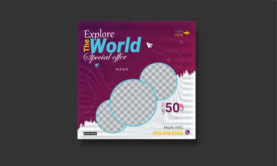 Travel holiday vacation social media post banner or square flyer design template instragram post template.
