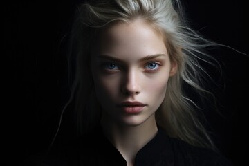 Fototapeta premium Magazine fashion sensual woman portrait, beautiful caucasian young woman model blonde with clean skin looking at camera on black background