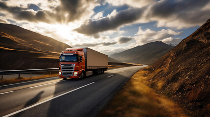 Obraz premium Container shipping truck on the road. Transportation, Logistics, and Freight Operations. Ai generative.